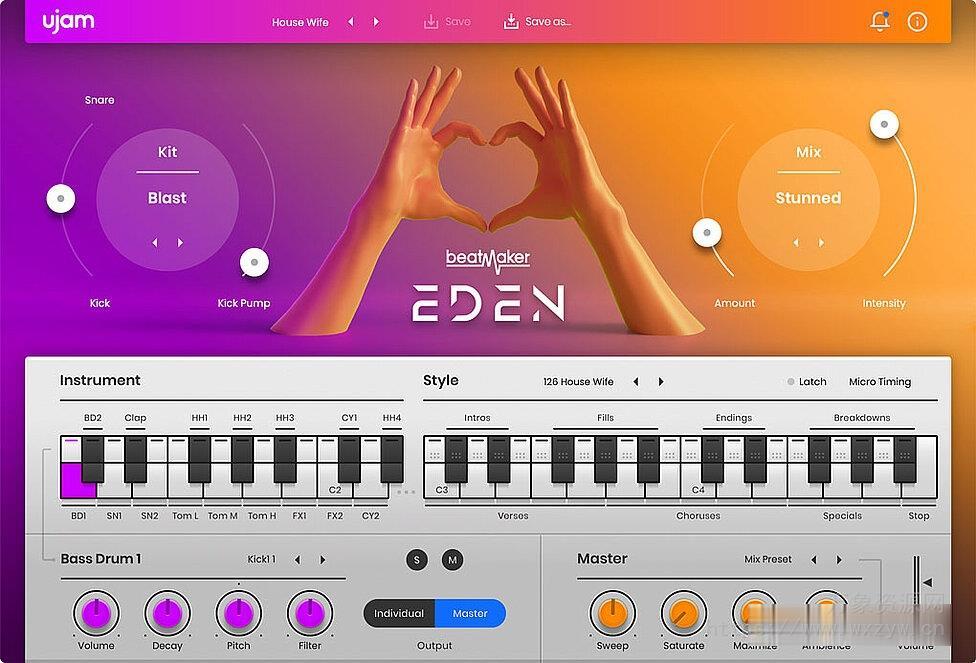 [Reason电鼓音源插件]uJAM Beatmaker EDEN v2.3.1 U2B-MORiA  [MacOSX]（229.5Mb）